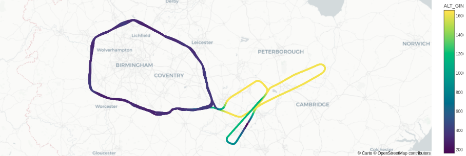 A map of the aircraft's flight track with altitude coloured