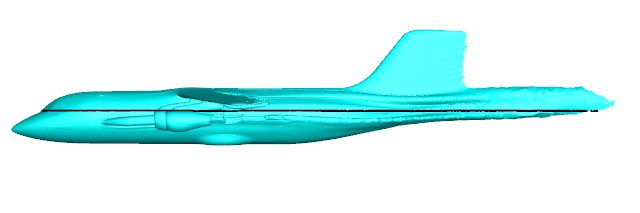 A computational fluid dynamics model of an aircraft, showing the port side. A large protruding blister is visible on the side of the fuselage, with disturbed airflow trailing behind it.