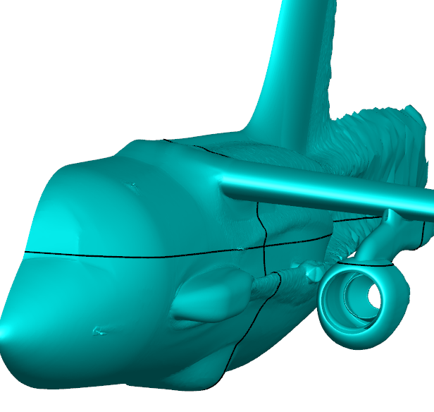 A computational fluid dynamics model of an aircraft, showing the port side looking back toward the tail. A large protruding blister is visible on the side of the fuselage, with disturbed airflow trailing behind it.