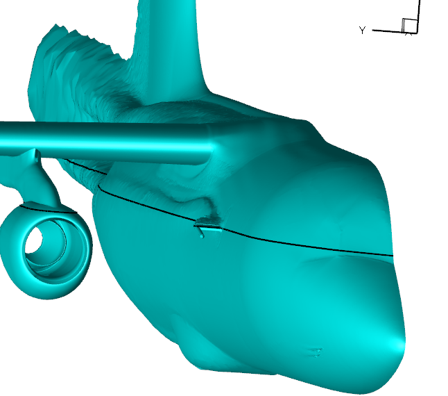 A computational fluid dynamics model of an aircraft, showing the starboard side looking back toward the tail. A small instrument is visible on the side of the fuselage, with disturbed airflow trailing behind it.