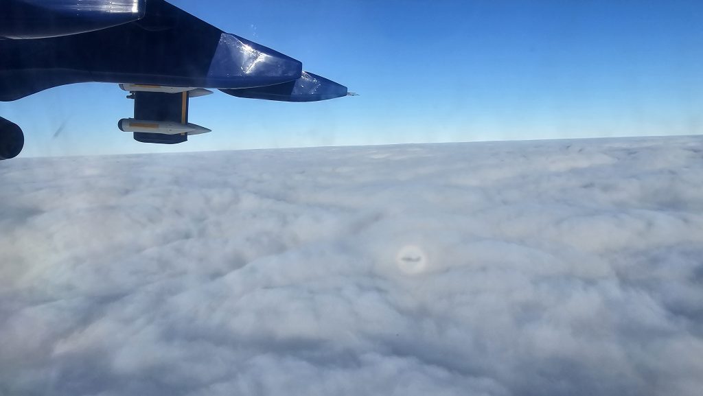 Underside of a blue aircraft wing, above clouds, with a small shadow of the aircraft cast onto the clouds below, with a pastel coloured circular rainbow around the shadow - known as a halo.